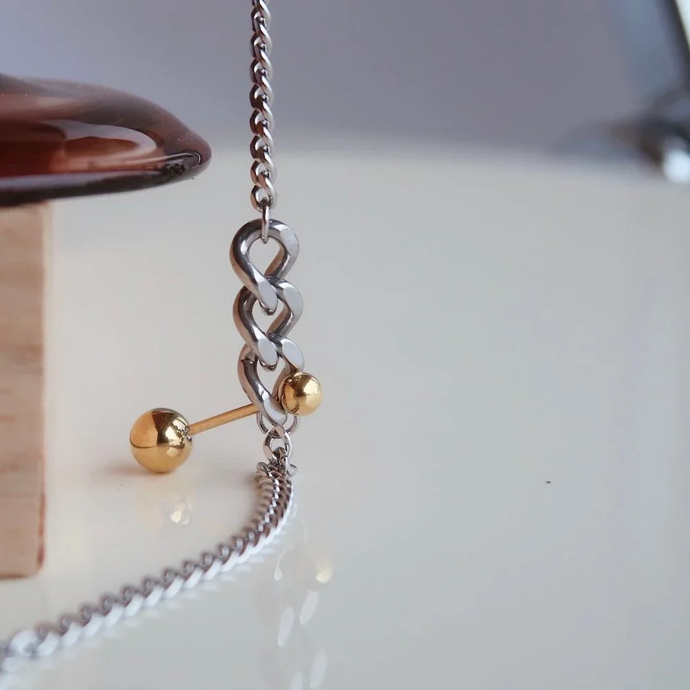 NEW Two Tone 18K Gold Plated Link Chain Gold Ball Bar Necklace